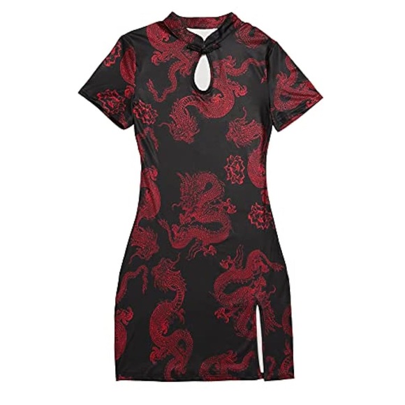 Shein Chinese Dragon Print Side Slit Qipao Dress, Sizes S & M - Picture 12 of 16